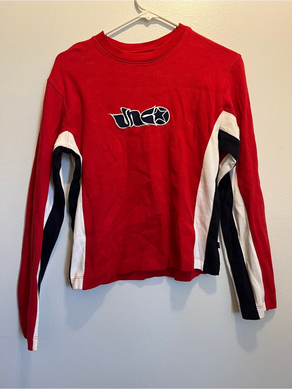 Vintage Y2K JNCO Women's Red Colorblock Embroidered Long Sleeve Shirt Large Rave